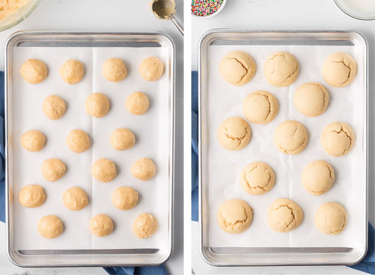 Two images of balls of cookie dough on a parchment paper lined baking sheet before and after being baked.