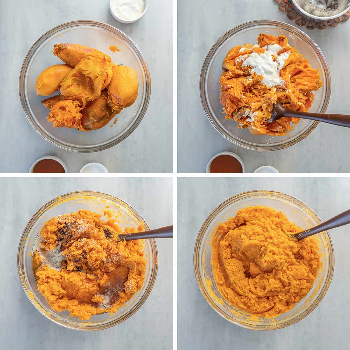 Four images of sweet potatoes being mashed with sour cream, brown butter and maple syrup.