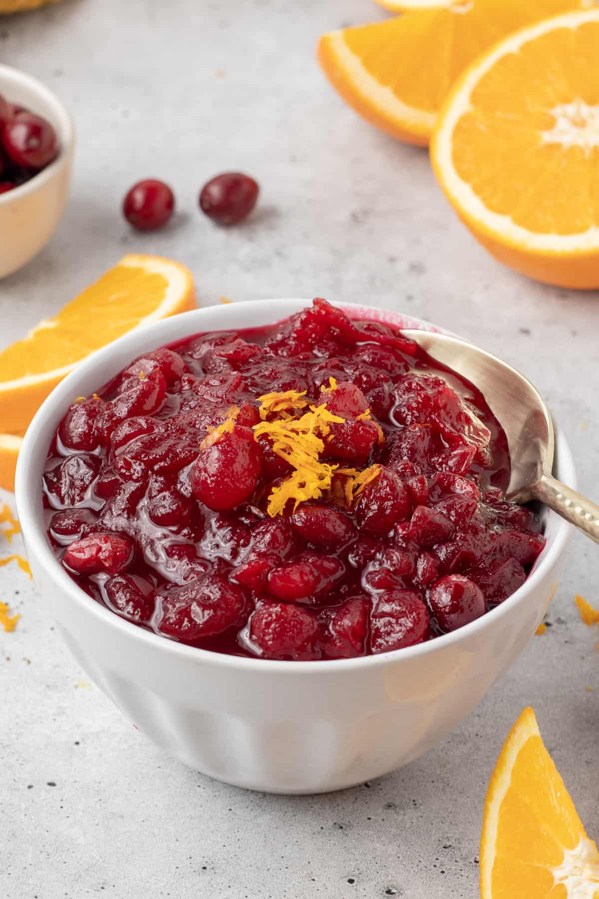 A spoon resting in a white bowl filled with cranberry sauce.