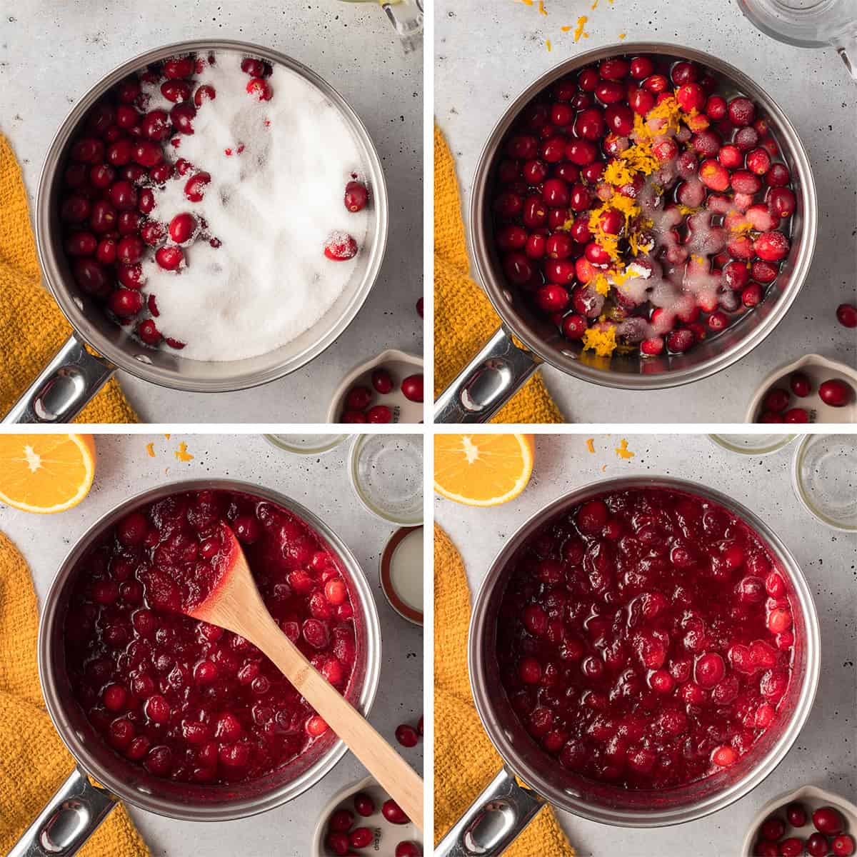 Four images of sugar, cranberries, water, orange zest and juice being combined in a saucepan.