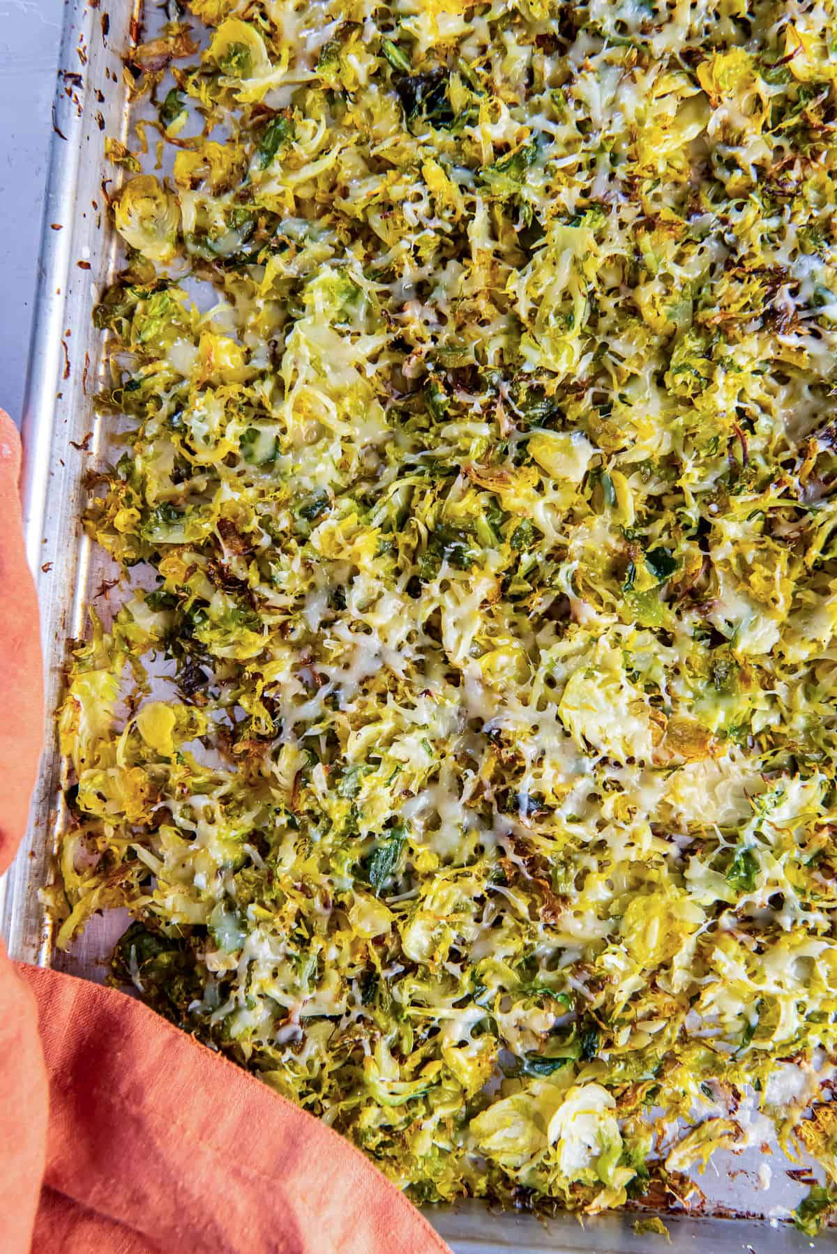 A top down shot of roasted shredded Brussels sprouts with Parmesan cheese on a baking sheet.