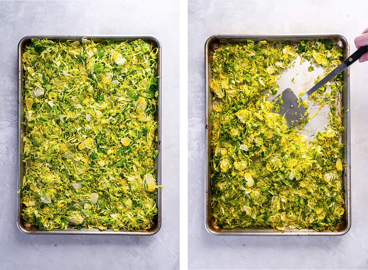Two images of shredded Brussels sprouts on a baking sheet and being stirred with a spatula.