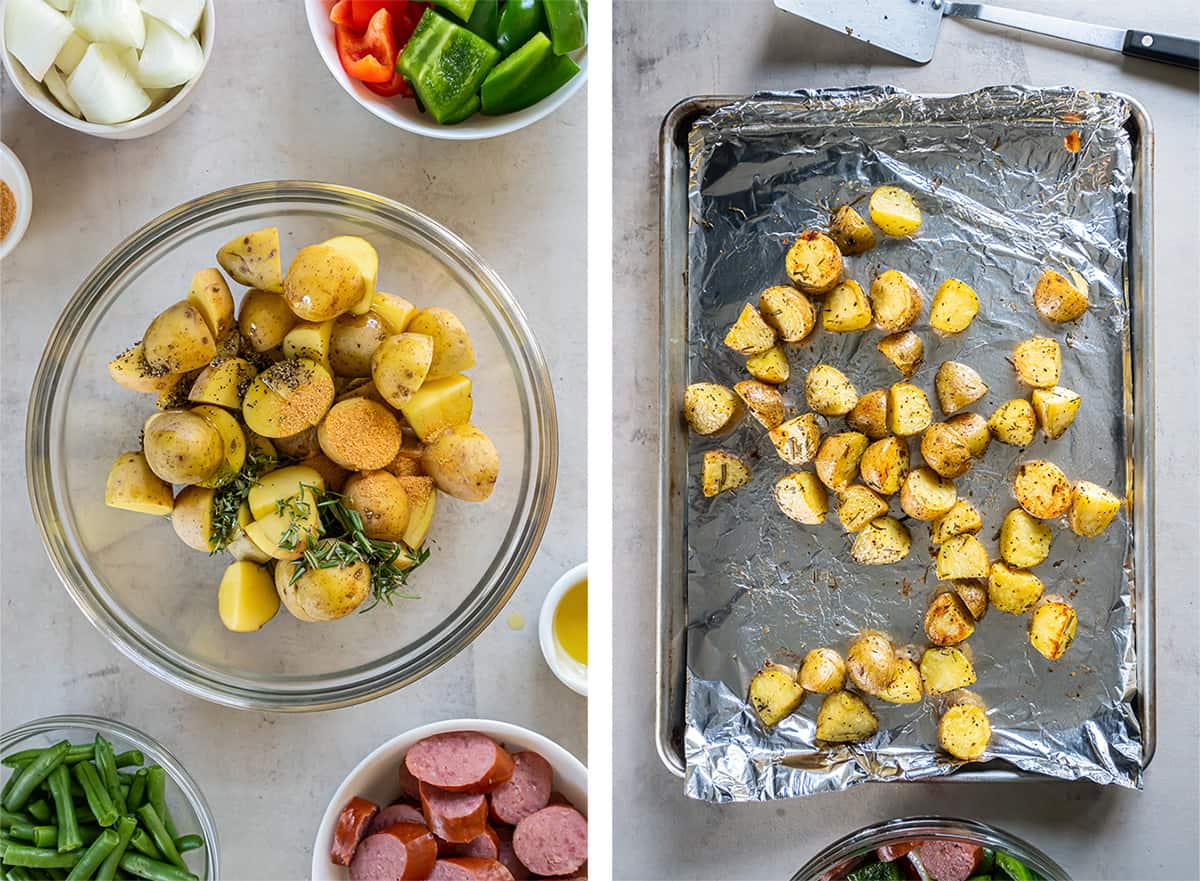 Two images of potatoes in a bowl with oil and seasoning and spread out over a baking sheet.