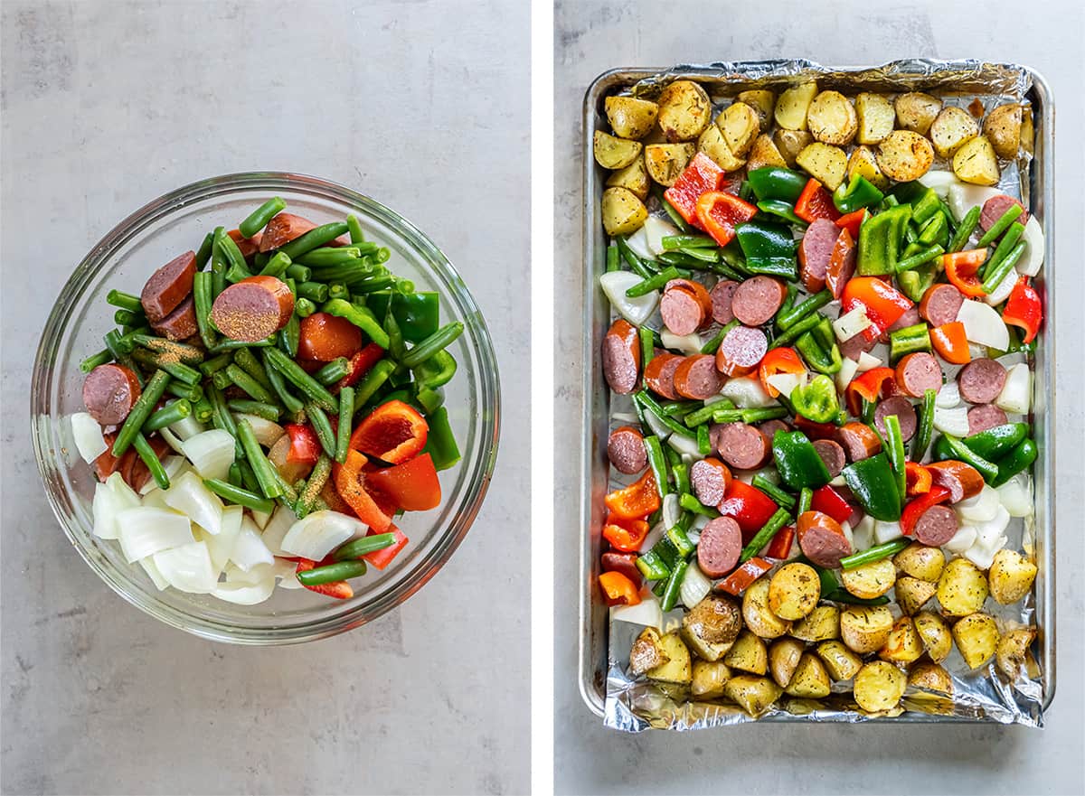 Two images of sausage, peppers, green beans and onions in a bowl and spread out over a baking sheet with potatoes.