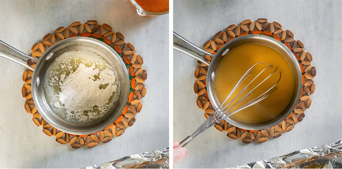 Two images of butter and flour in a saucepan and broth is added to make gravy.