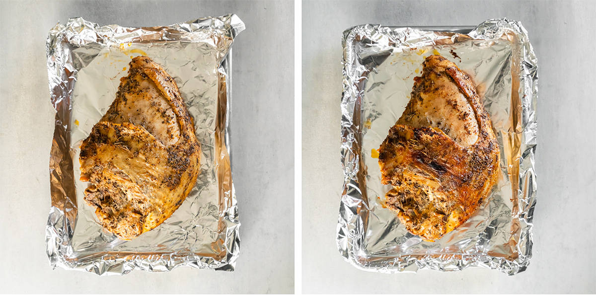 Two images of a cooked turkey breast on a foil lined baking sheet before and after it is broiled in the oven.