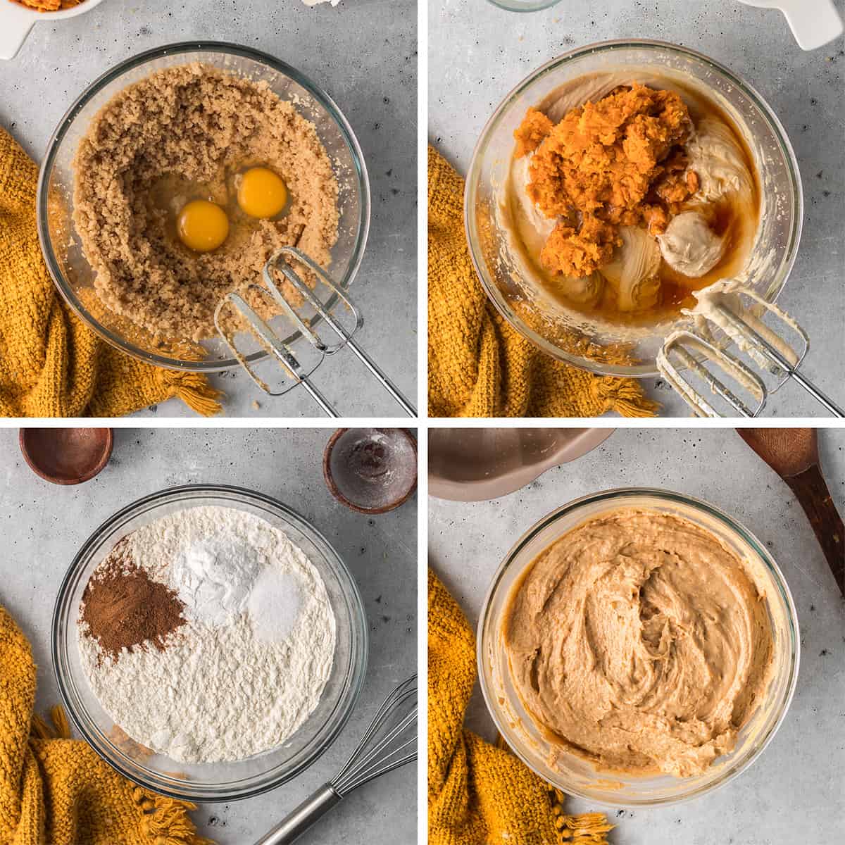 Dry ingredients are combined with sweet potato and milk in a mixing bowl.