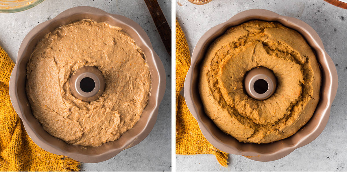 Sweet potato cake batter in a Bundt pan before and after being baked.