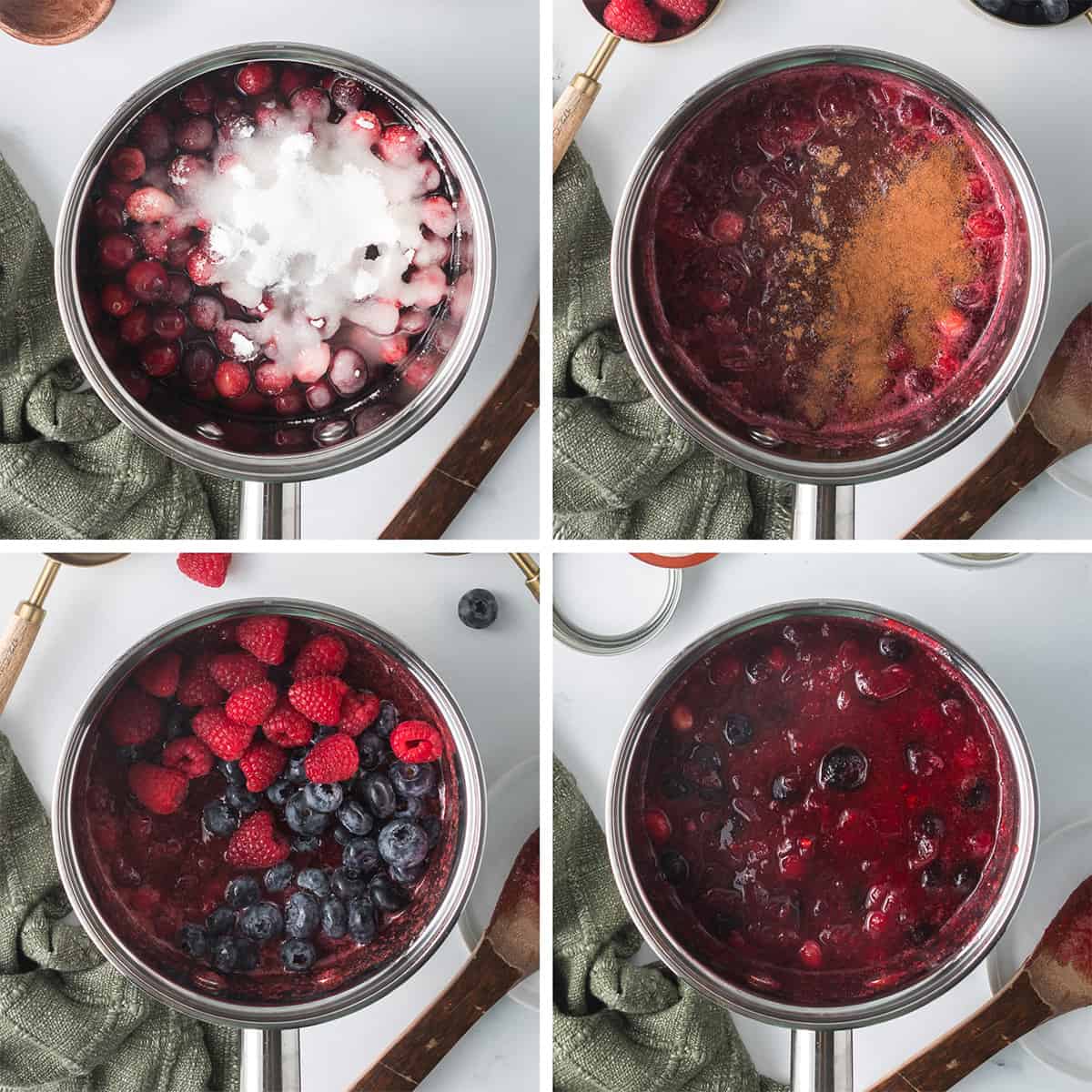 Four images of fresh cranberries, spices, and fresh berries cooking in a saucepan.