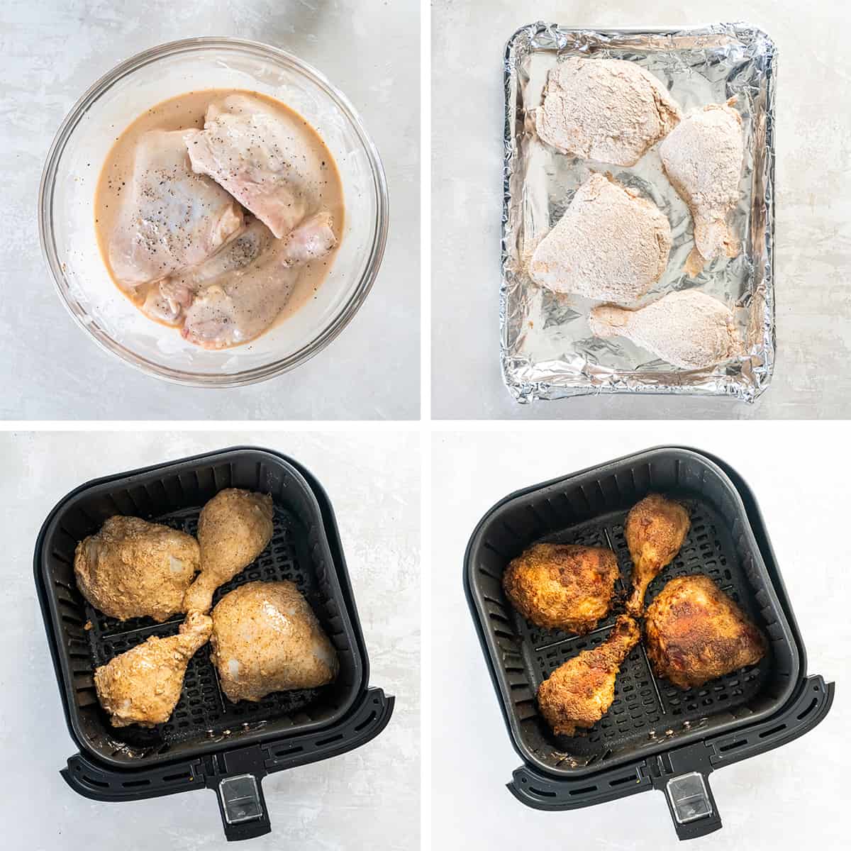 Four images showing the process for soaking, breading, and cooking fried chicken in an air fryer.