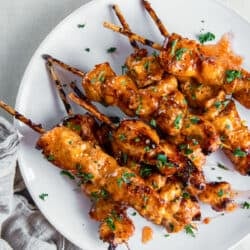 A top down shot of bang bang chicken skewers on a white plate next to a grey cloth,