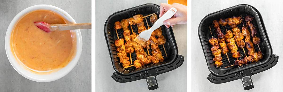 Three images of bang bang sauce in a small bowl, being brushed on skewers in an air fryer and after being cooked.