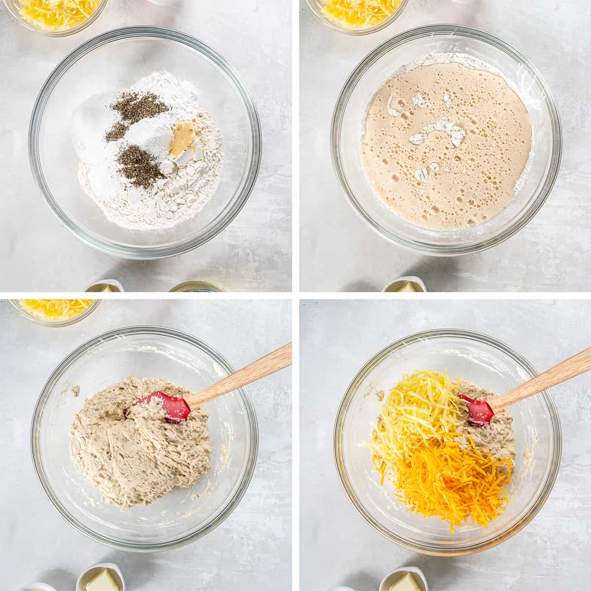 Four images of cheese beer bread ingredients being combined in a glass bowl.