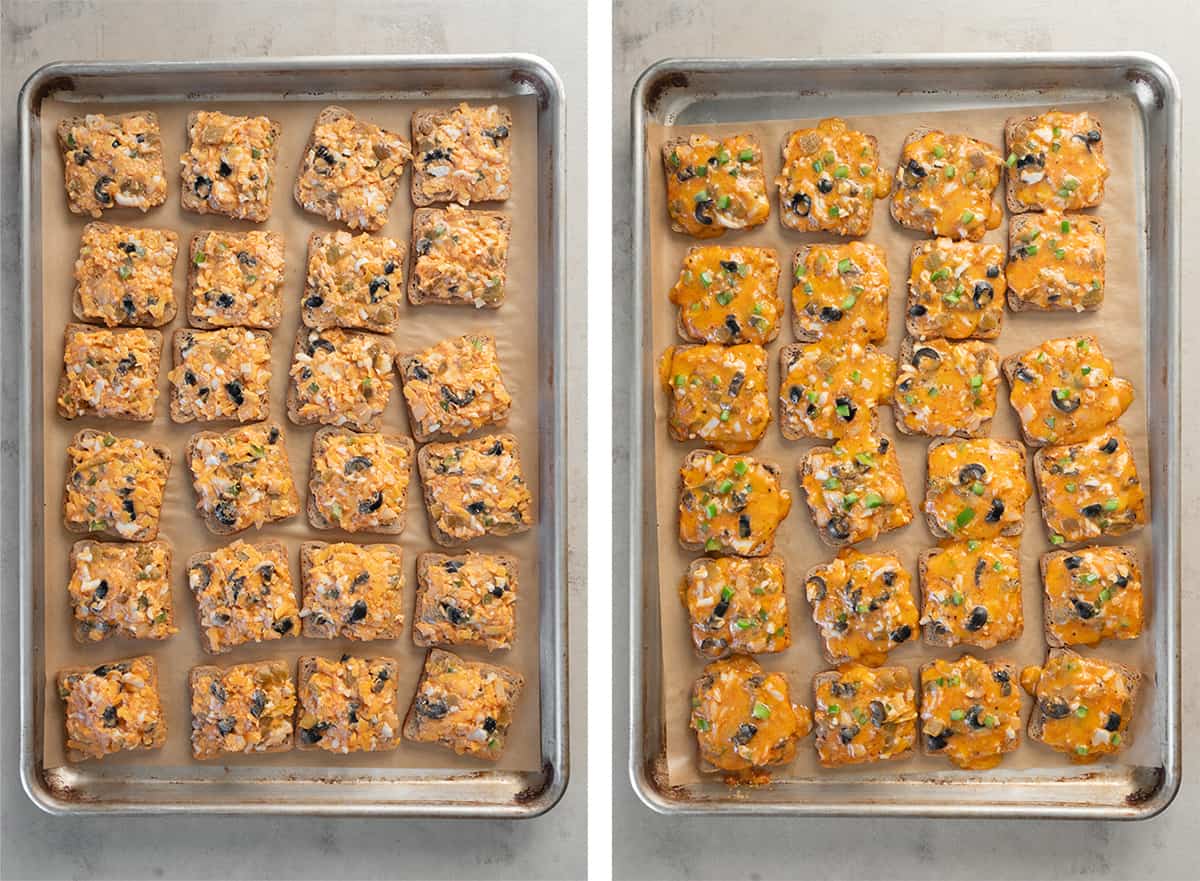 Two images of baked cheesy cocktail rye appetizers on a rimmed baking sheet.