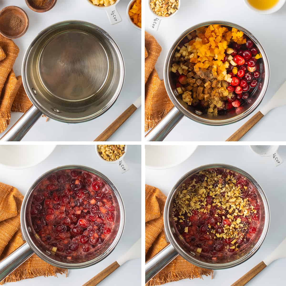 Four images of cranberry apple chutney ingredients cooking in a saucepan.