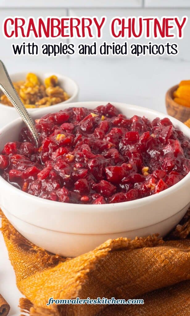 A bowl of cranberry apricot chutney on a kitchen counter with text.