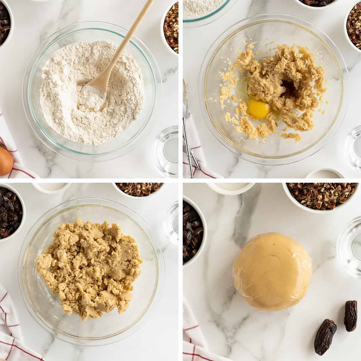 Four images of cookie dough ingredients in a glass bowl.