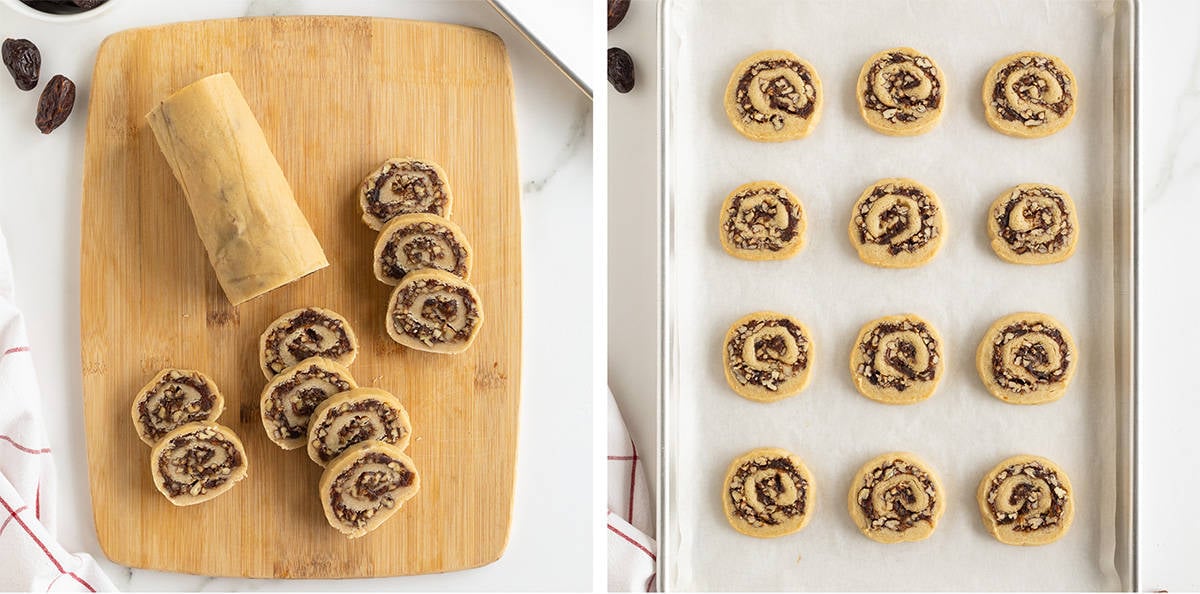 A long roll of date pinwheel cookie dough partially sliced on a cutting board and the slices on a baking sheet.