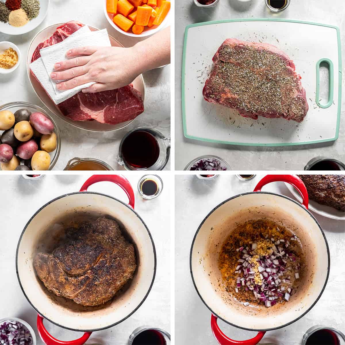 Four images of a hand blotting a chuck roast with a paper towel, a seasoned roast, and a roast cooking in a Dutch oven.