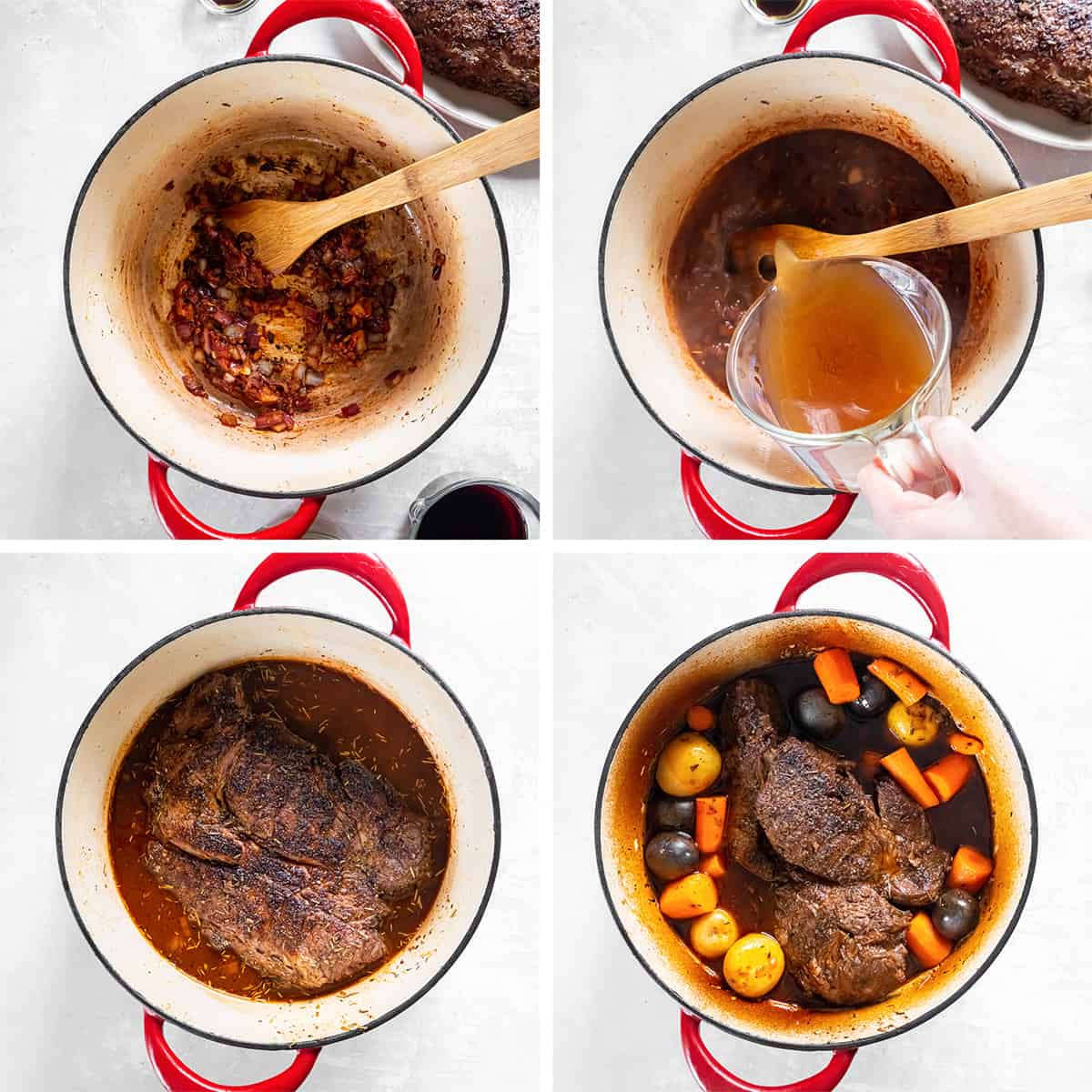 Four images of onion, tomato paste and other ingredients in a Dutch oven with a chuck roast and vegetables.