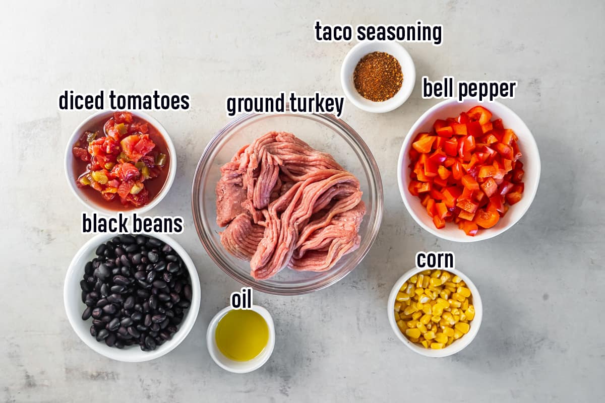 Ground turkey, black beans and other ingredients i bowls with text.