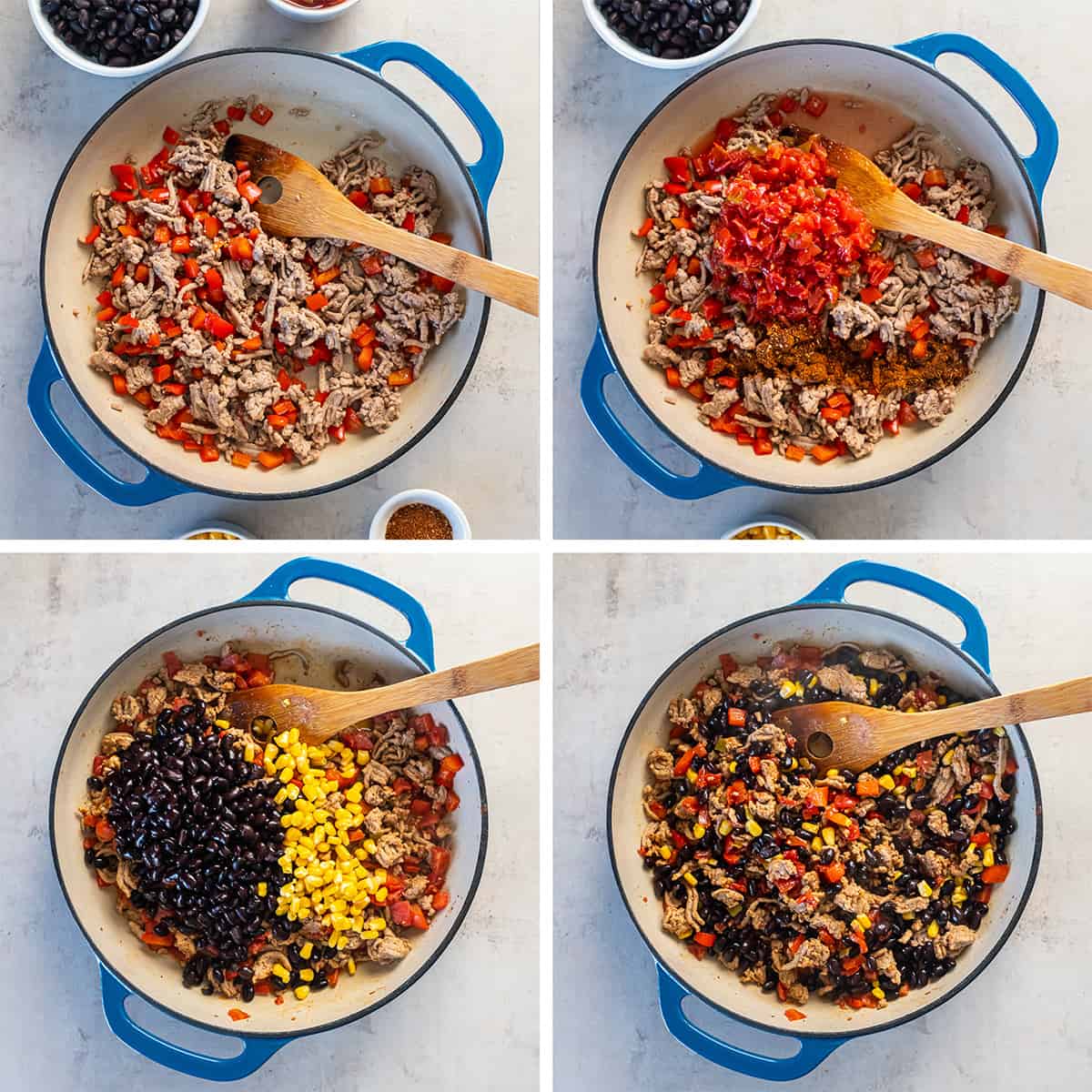 Four images of ground turkey being cooked in a pan with tomatoes, black beans, and corn.