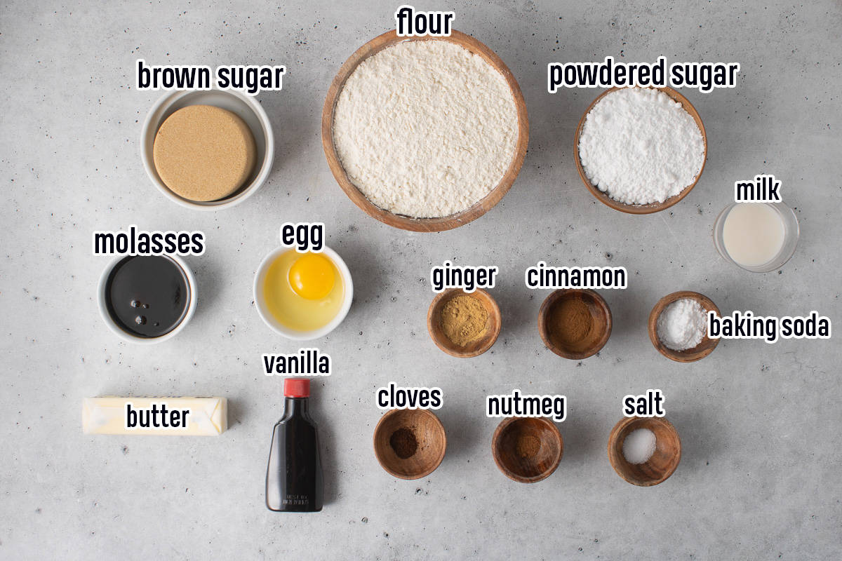 Flour, molasses, brown sugar and other ingredients in small bowls with text.