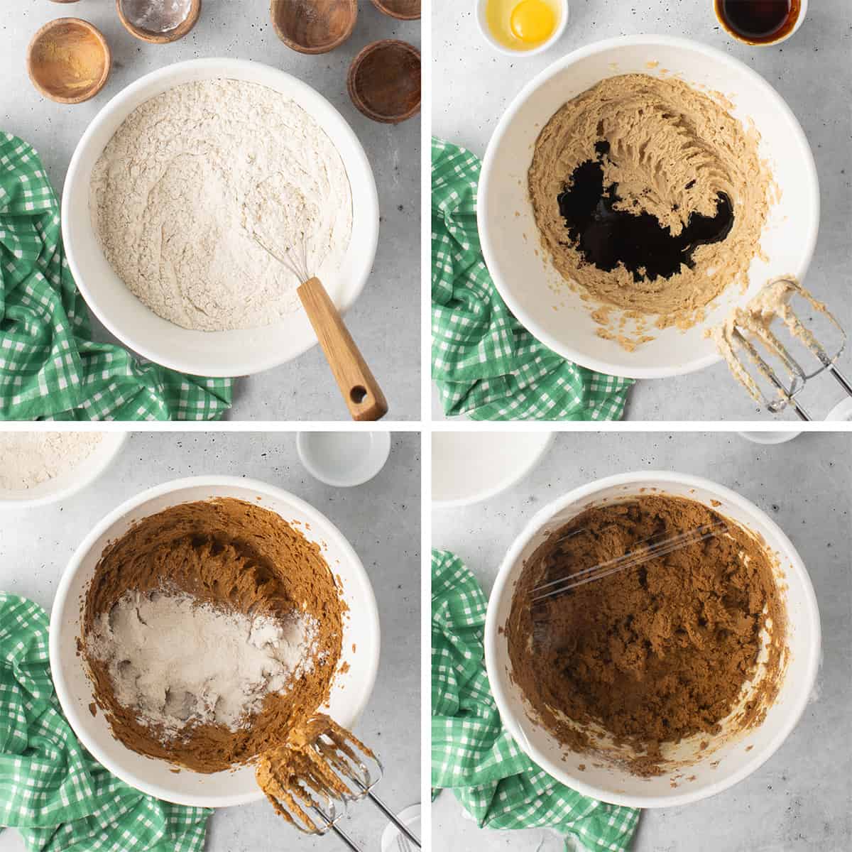 Four images of molasses cookie batter being made in a bowl.
