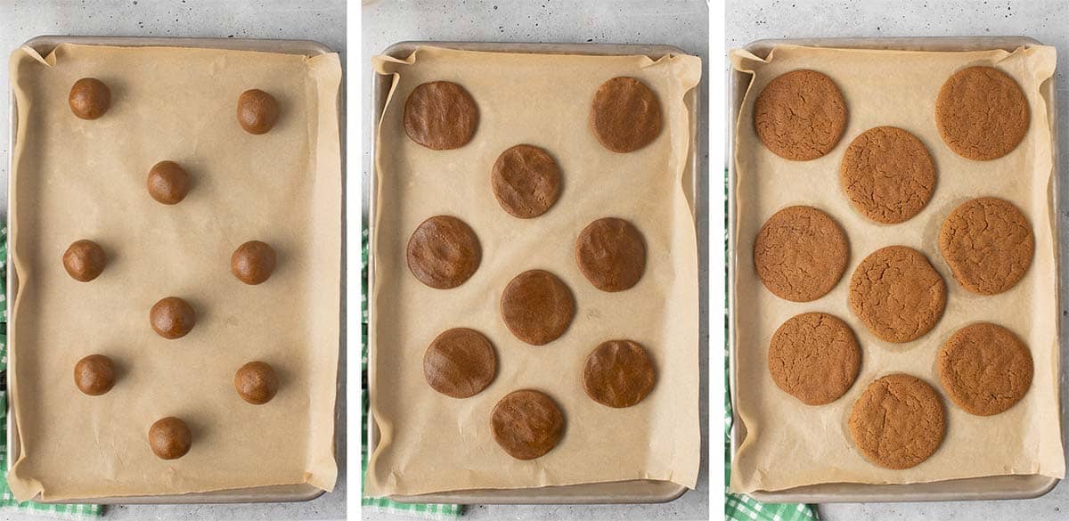 बेक करने से पहले और बाद में गुड़ कुकी आटा बॉल्स की तीन छवियां।