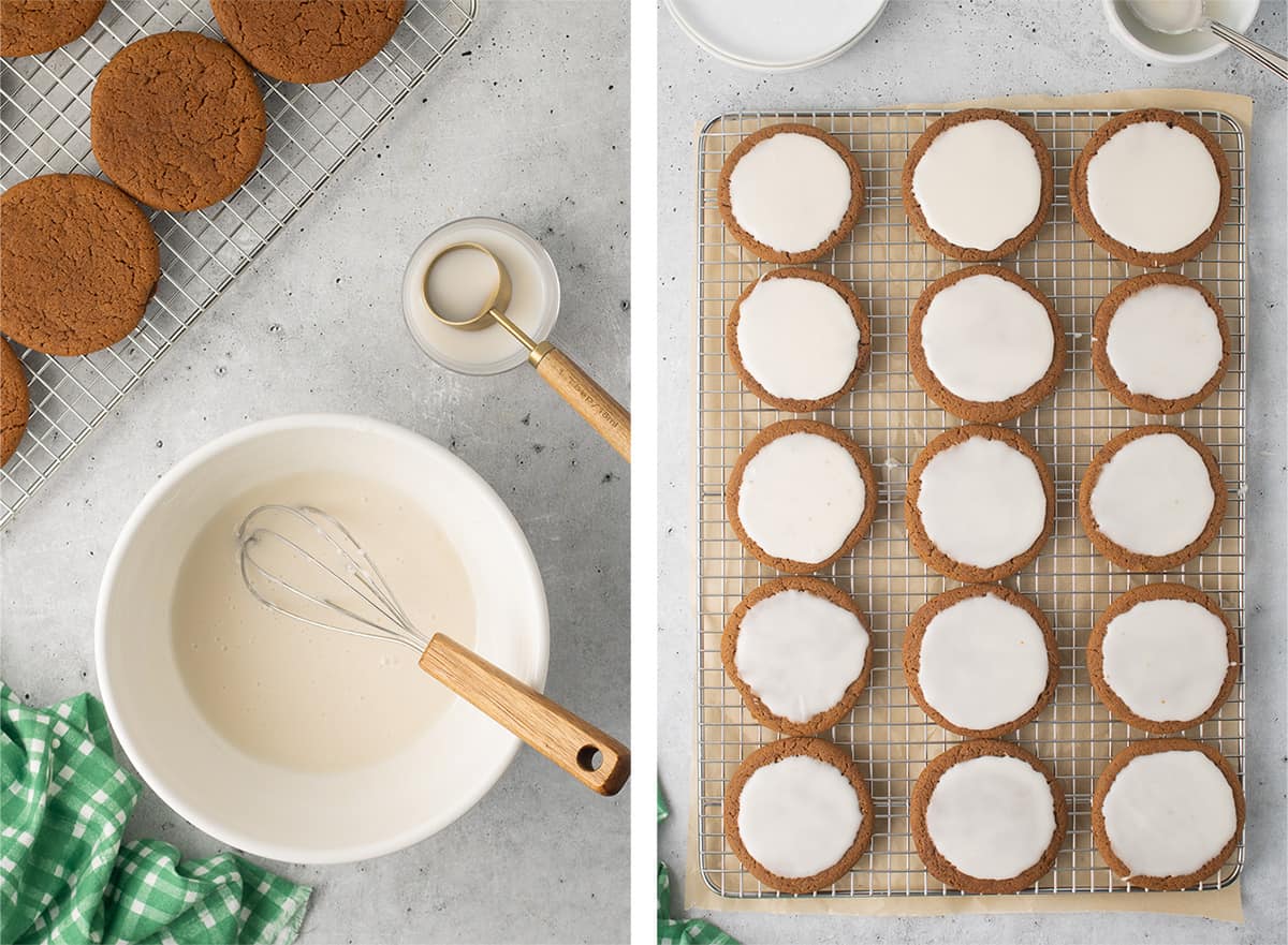 Two images of icing in a mixing bowl and on molasses cookies.