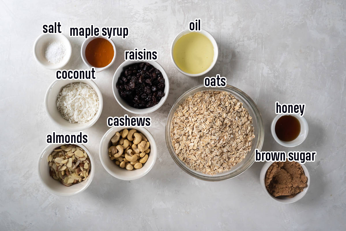 Oats, maple syrup, coconut and other ingredients in bowls with text.