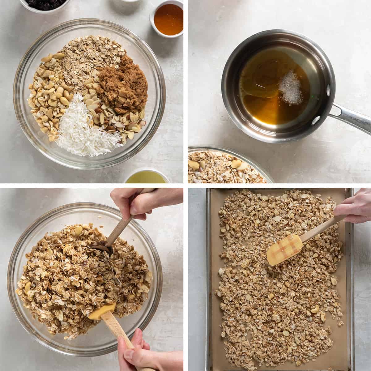 Four images of granola ingredients being combined in a bowl and spread on a baking sheet.