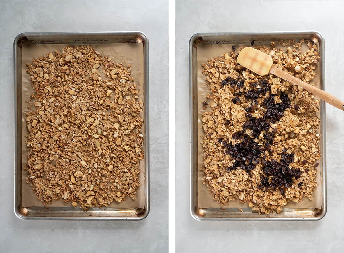 Two images of granola with raisins spread out on a baking sheet.