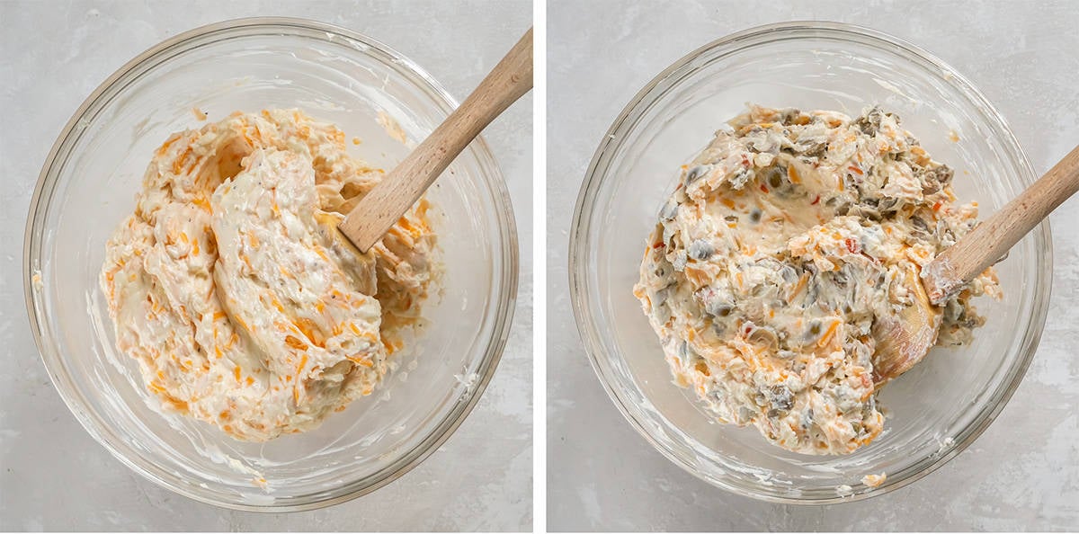 Two images of ingredients for olive dip being combined in a glass bowl.