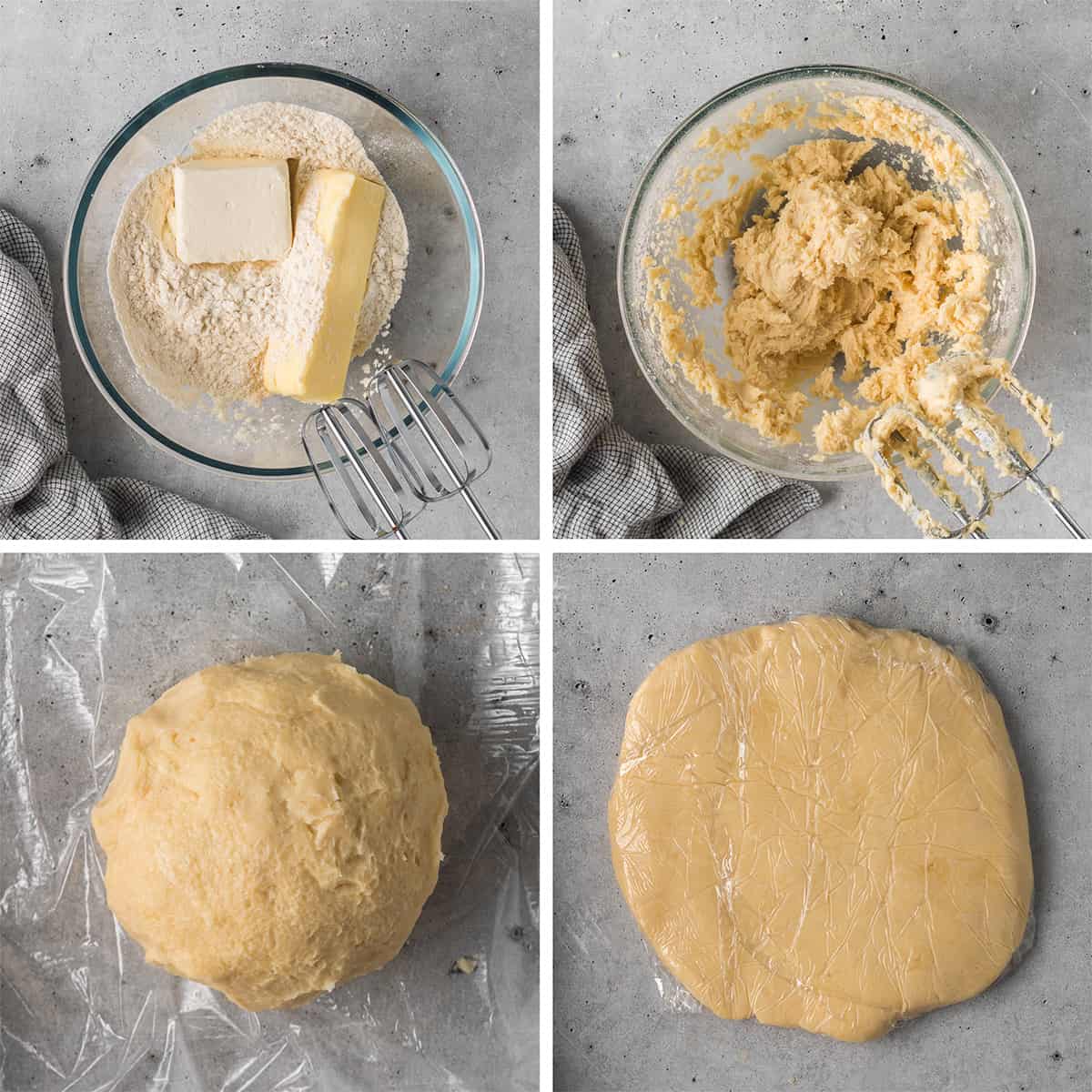 Four images of pecan tart dough in a mixing bowl and in plastic wrap.