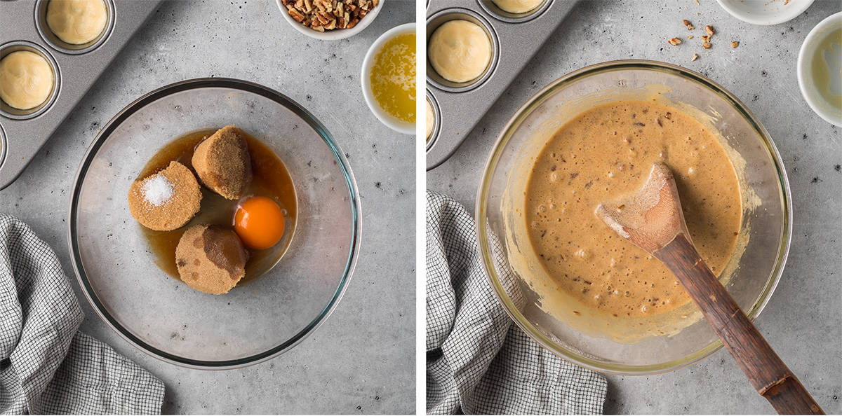 Two images of pecan tart filling ingredients being combined in a mixing bowl.