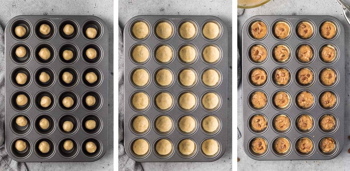 Three images of pecan tart dough pressed into a mini muffin pan and filled with pecan filling.