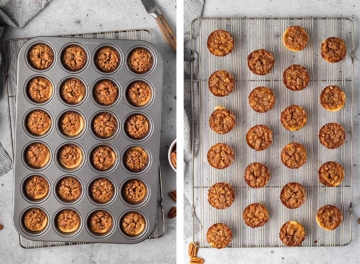 Two images of baked pecan tarts in a mini muffin tin and on a wire rack.