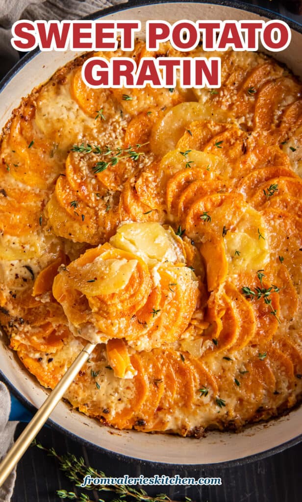 A spoon scooping sweet potato gratin from a blue pan with text.