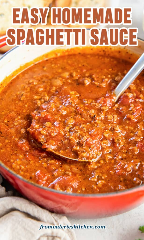A ladle scooping spaghetti sauce with ground beef from a Dutch Oven with text.