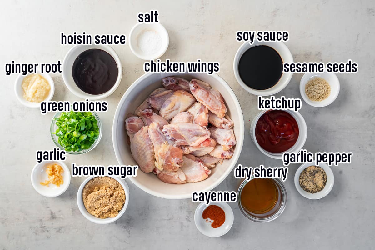 Chicken wings, hoisin sauce, soy sauce and other ingredients in bowls with text.