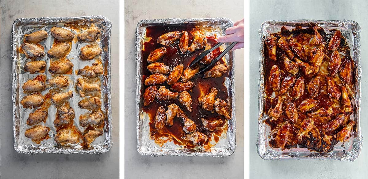 Three images of chicken wings on a foil lined sheet topped with sauce and sesame seeds.