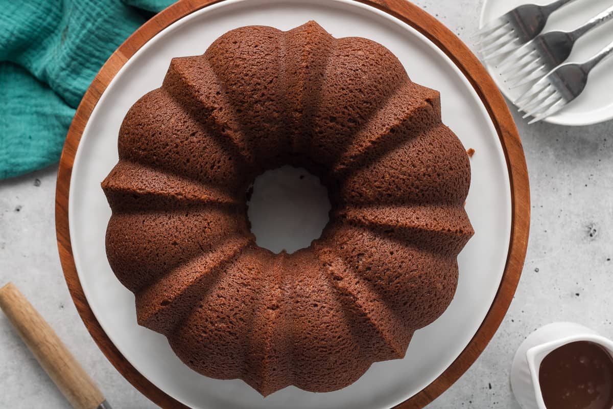 A black russian bundt cake after it has been inverted on to a serving platter.
