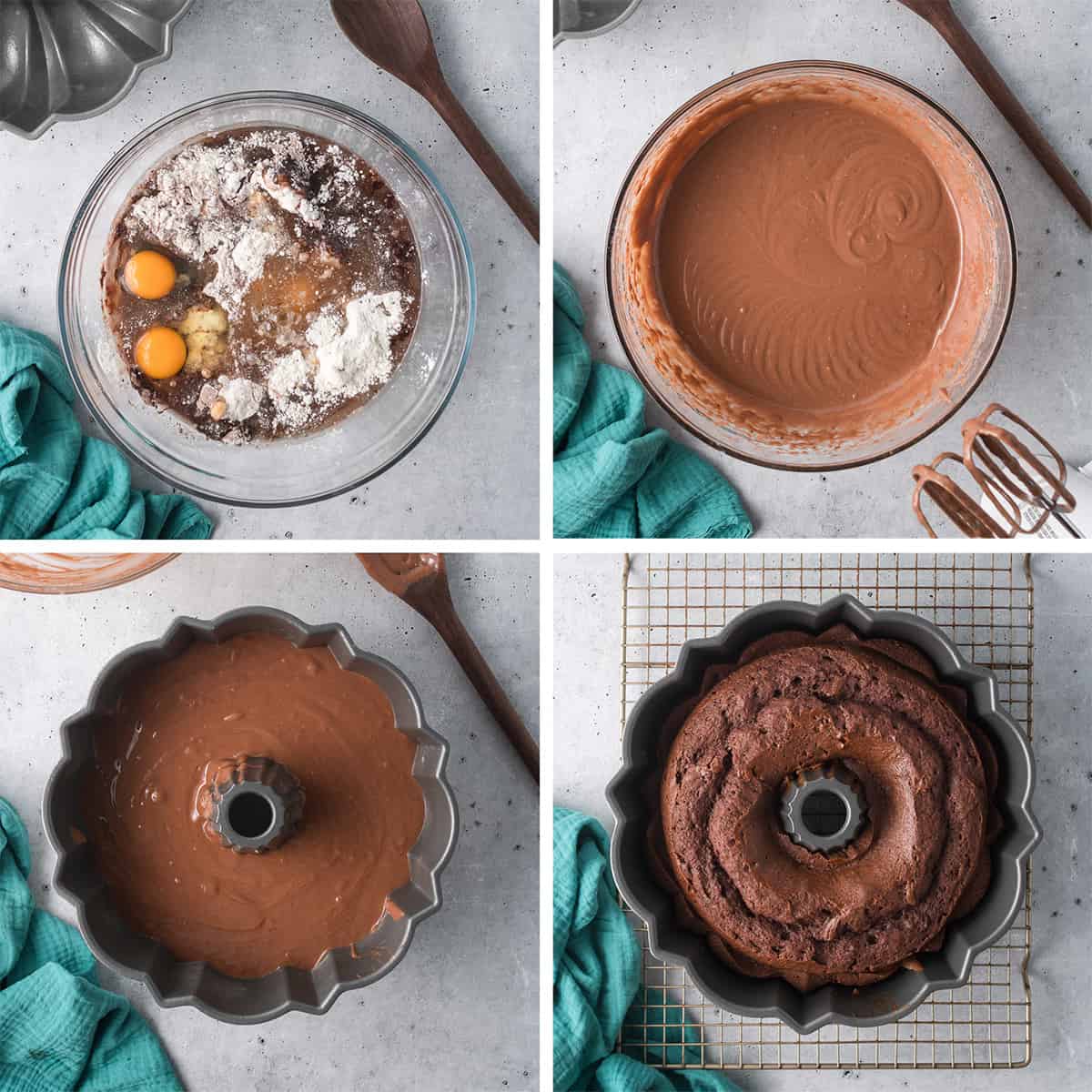 Four images of cake batter in a bowl and in a bundt pan before and after being baked.