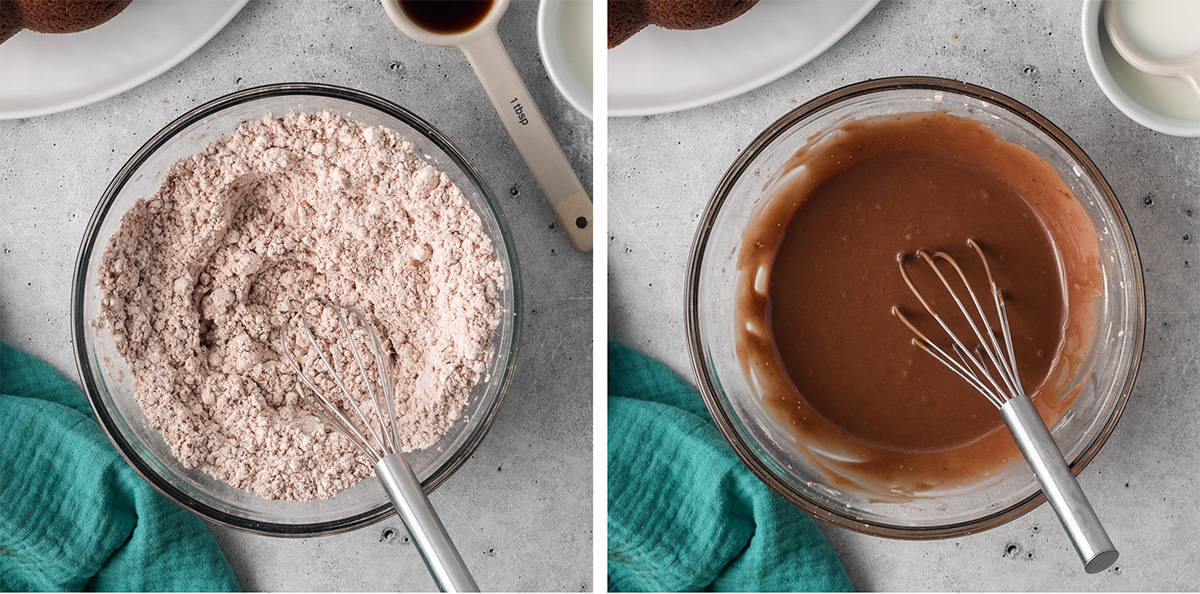 Two images of kahlua glaze ingredients in a bowl with a whisk.