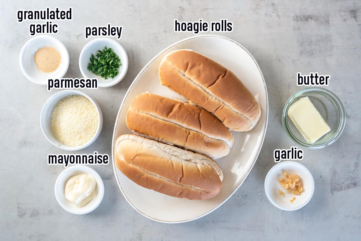 Hoagie rolls, butter, garlic, and other ingredients with text.
