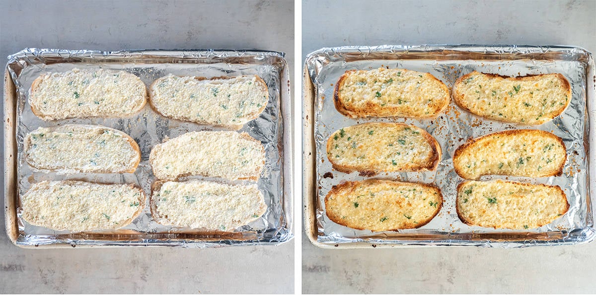 Two images of hoagie rolls smeared with a butter garlic mixture and toasted.