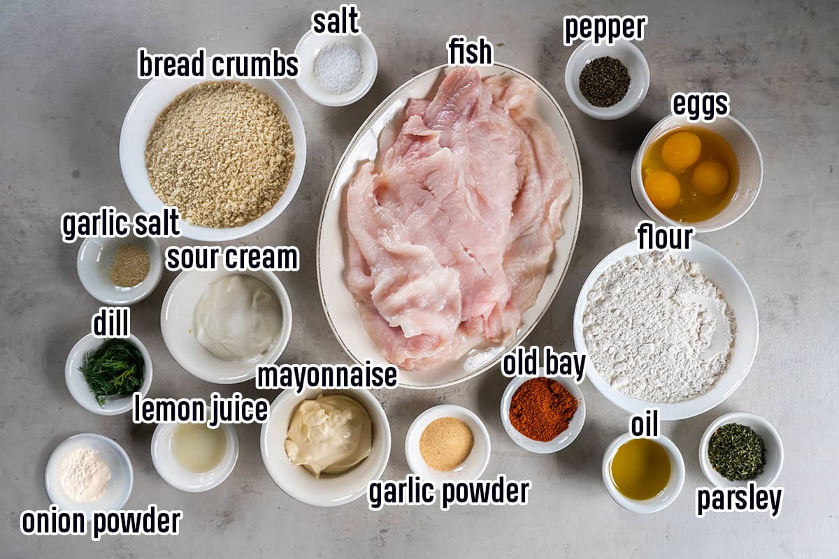 Fish, panko bread crumbs, spices and other ingredients in bowls with text.