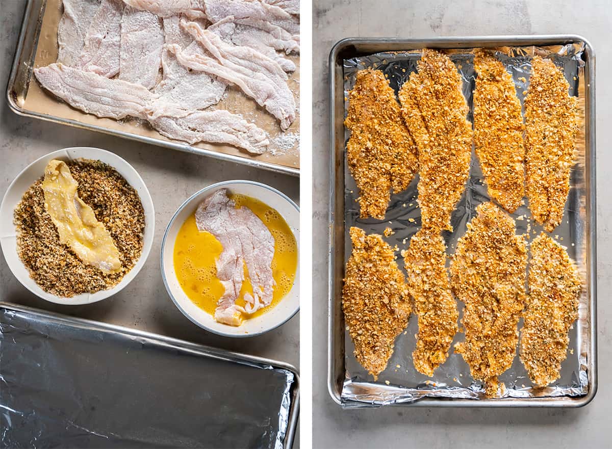 A fish filet in a bowl of beaten ega and one in a bowl of breadcrumbs and a baking sheet full of breaded fish.