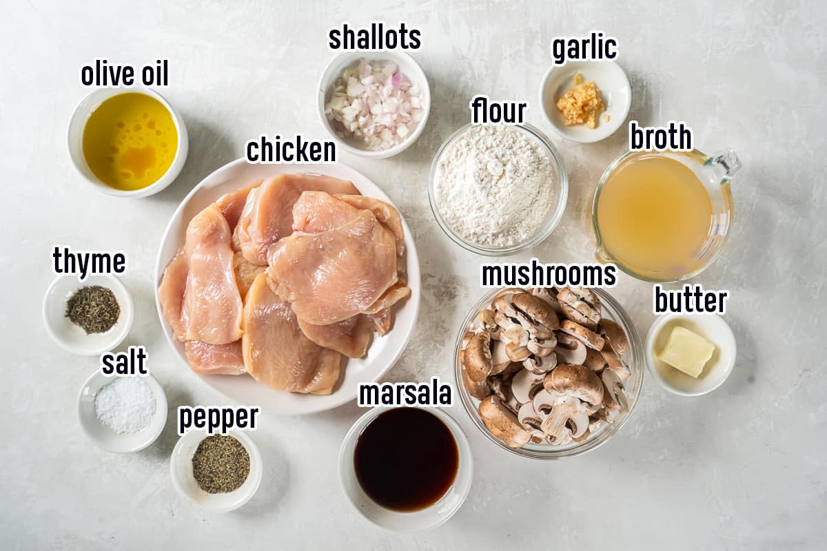 Thin sliced chicken breast, marsala wine, broth, mushrooms and other ingredients for chicken marsala with text.